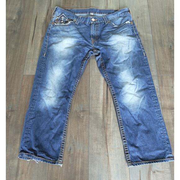 True Religion Mens Jeans 38 Slim Fit Blue Distressed Straight Leg Denim Casual - Picture 1 of 8